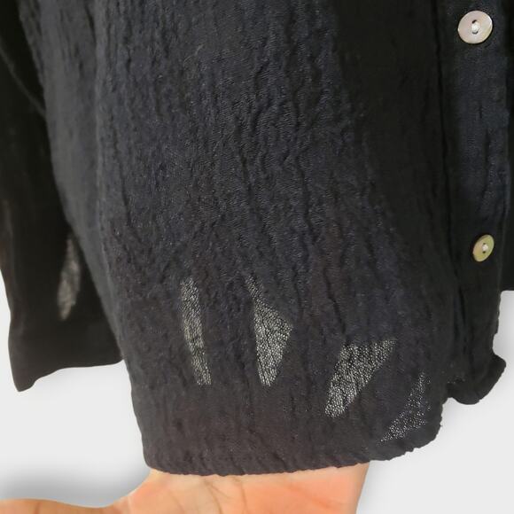 Tahari 100% Linen Crinkled Texture Black Button Up Shirt Sz XL Goth Neutral Core - Picture 4 of 11